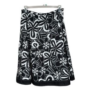 Carole Little Black & White Floral Print A-Line Linen Blend Midi Skirt Size 12